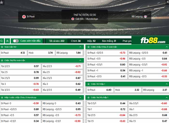 FB88 Com Nhà Cái Cá Cược Uy Tín | Thể Thao Casino Slot fb88 chi tiết kèo trận đấu St Pauli vs RB Leipzig